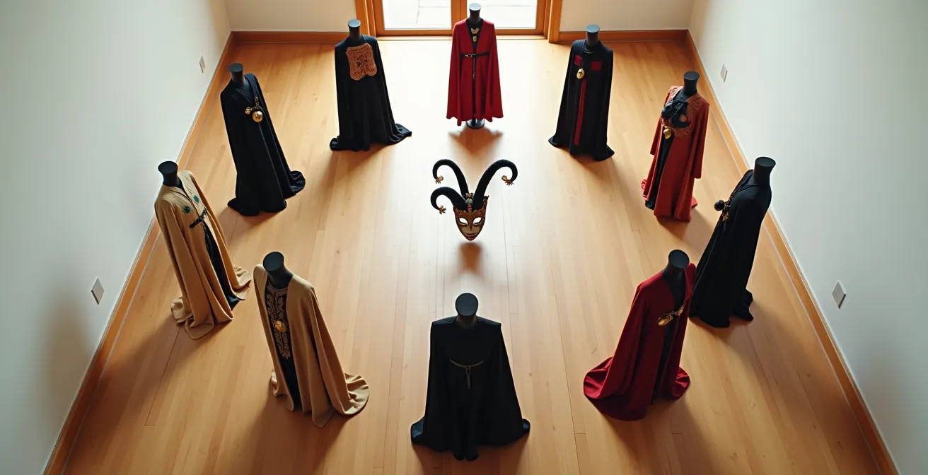 Kreisförmige Anordnung verschiedener Karnevalskostüme, die die 12 Jung'schen Archetypen symbolisieren