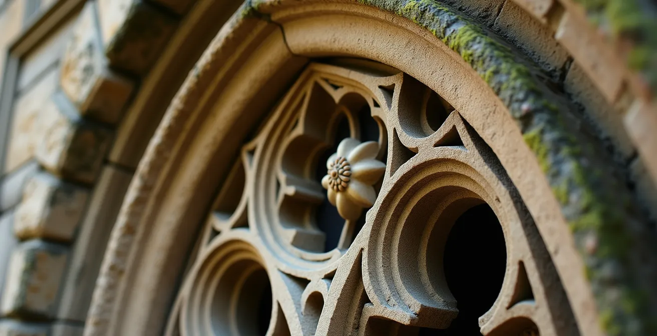 Nahaufnahme eines gotischen Spitzbogenfensters mit Steinmetzarbeiten an einem Moselhaus