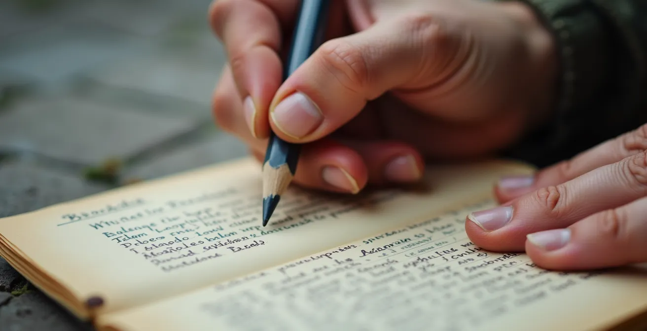 Nahaufnahme einer Hand, die schnelle Notizen in ein kleines Reisetagebuch macht, während im Hintergrund eine unscharfe städtische Szene zu sehen ist.