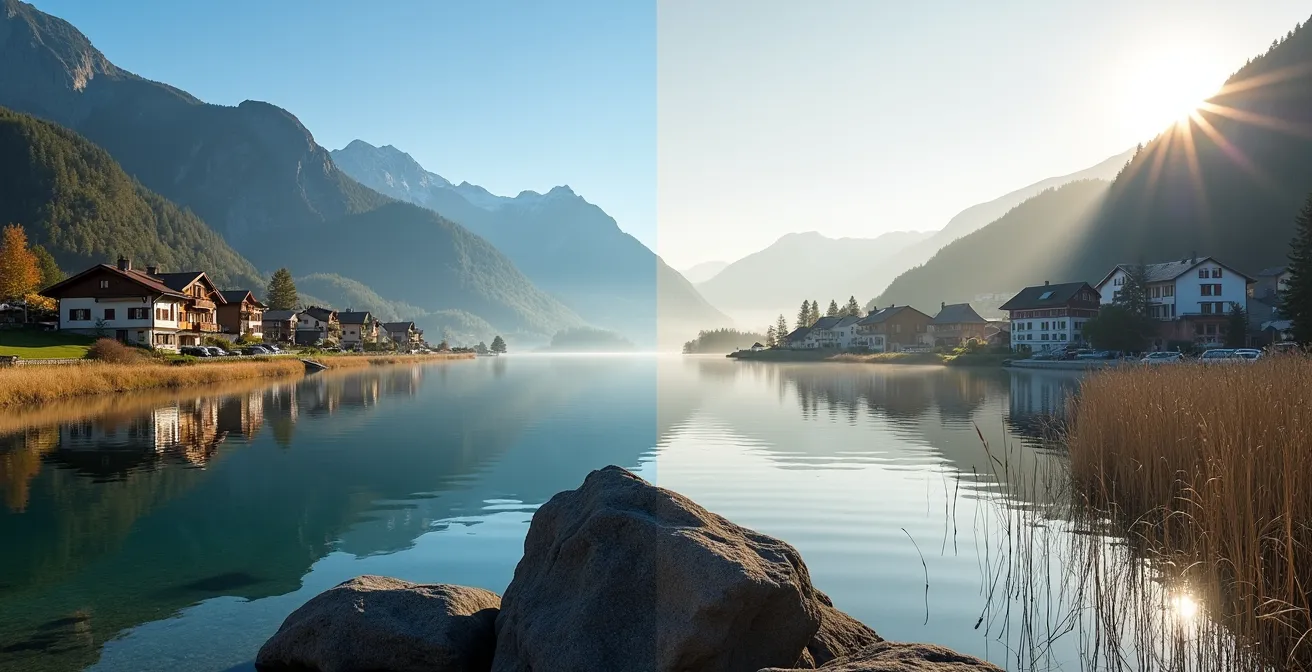 Geteiltes Bild zeigt links ein alpines Bergdorf und rechts ein idyllisches Seendorf in Deutschland