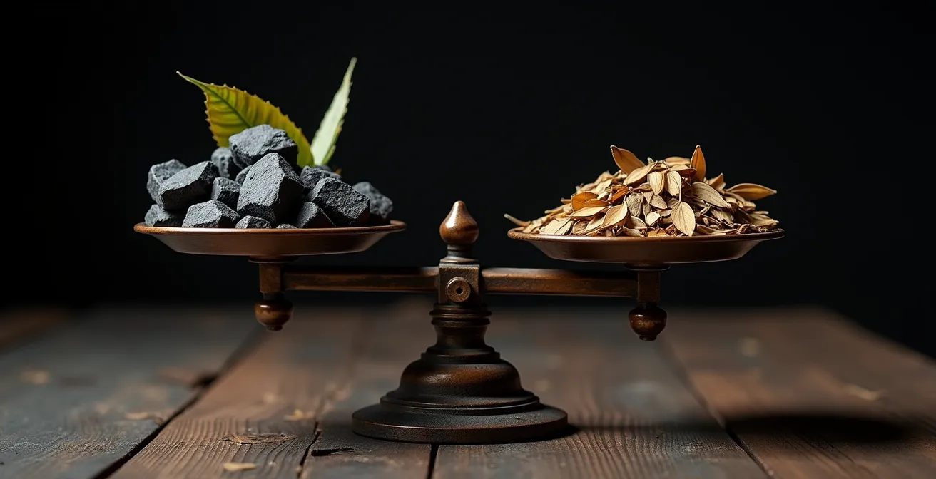 Symbolische Waage mit Naturmaterialien zeigt Ungleichgewicht zwischen Emissionen und Kompensation