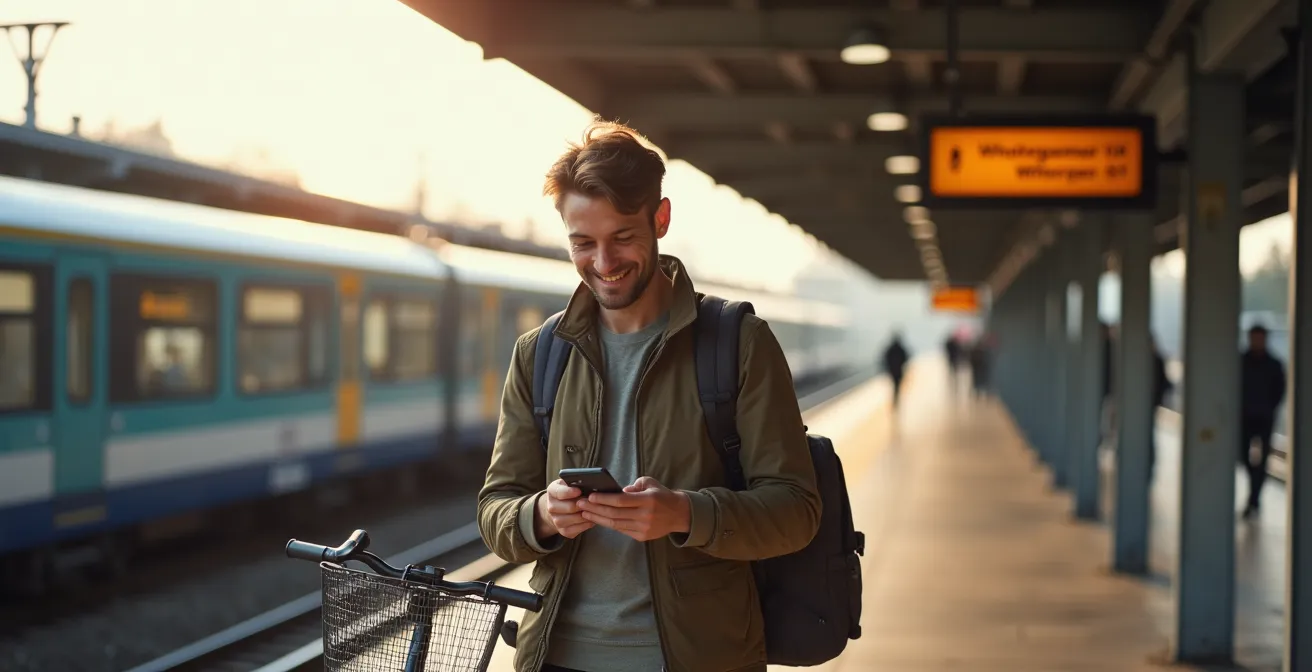Reisende mit Fahrrad und Zug-App auf Bahnsteig in Deutschland