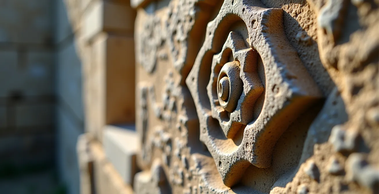 Makroaufnahme einer mittelalterlichen Steinmetzarbeit mit sichtbaren Werkzeugspuren