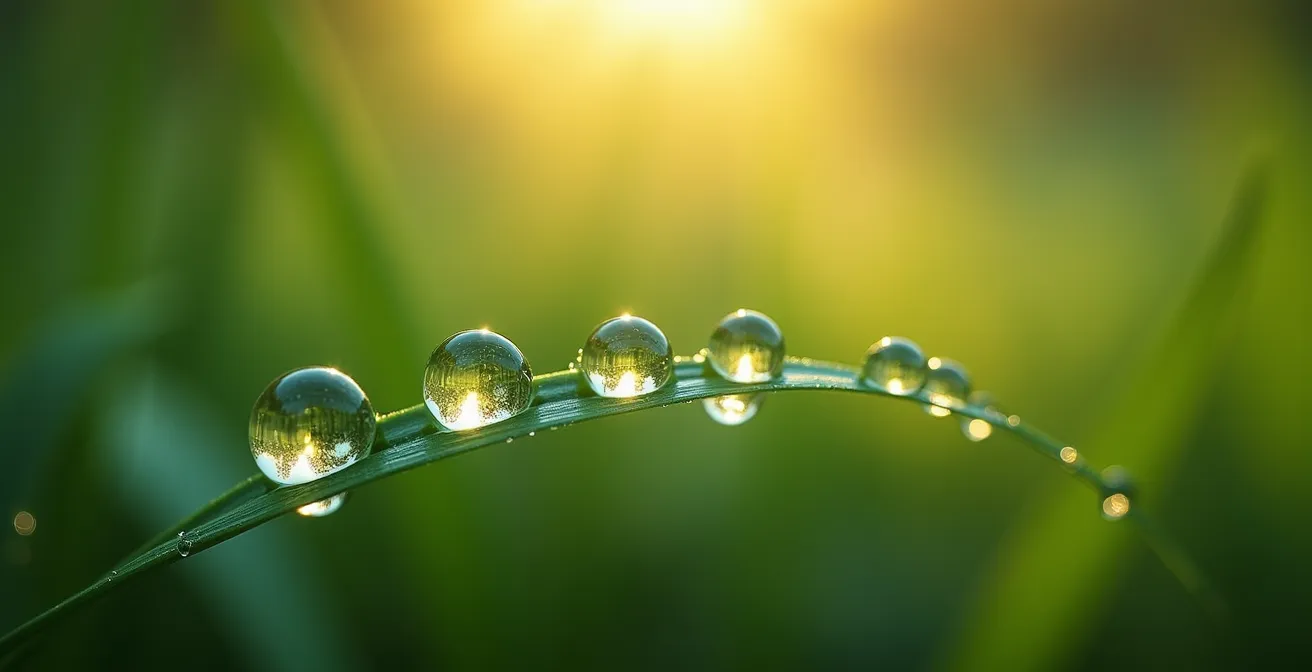Makroaufnahme von Tautropfen auf Grashalmen symbolisiert den dritten Tag der Tiefenentspannung