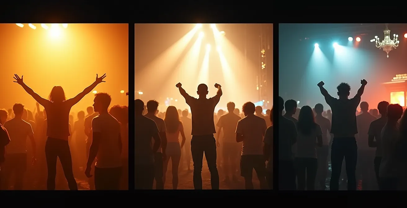 Ein Zeitstrahl, der drei verschiedene Stimmungsphasen eines Volksfestabends mit entsprechenden Verhaltensweisen zeigt