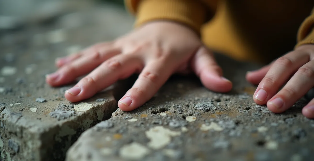 Nahaufnahme einer Kinderhand, die behutsam die raue Oberfläche eines alten Burgsteins berührt und so Geschichte sinnlich erfährt.