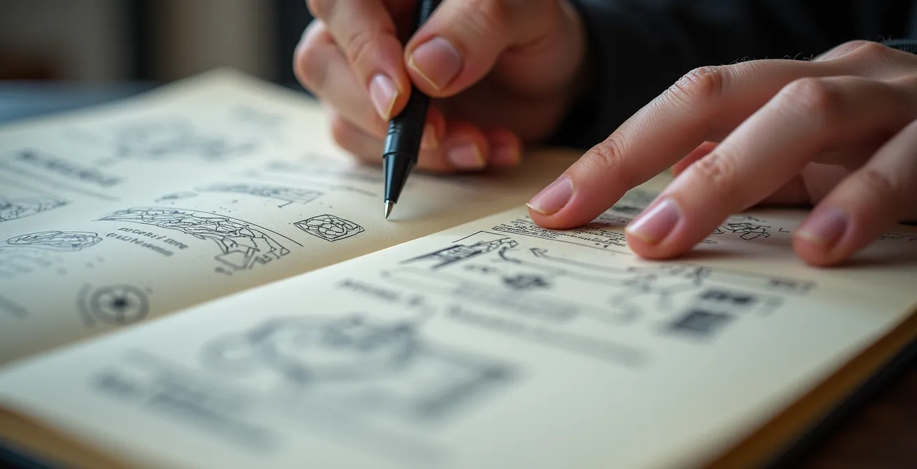Nahaufnahme von Händen, die detaillierte Feldnotizen mit Skizzen in ein Kulturtagebuch schreiben, um Beobachtungen systematisch festzuhalten.
