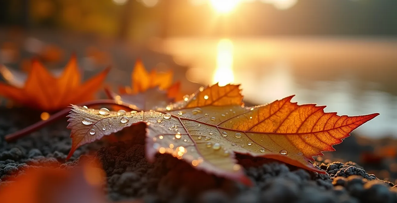Morgennebel über spiegelglattem See mit herbstlich gefärbten Uferwäldern