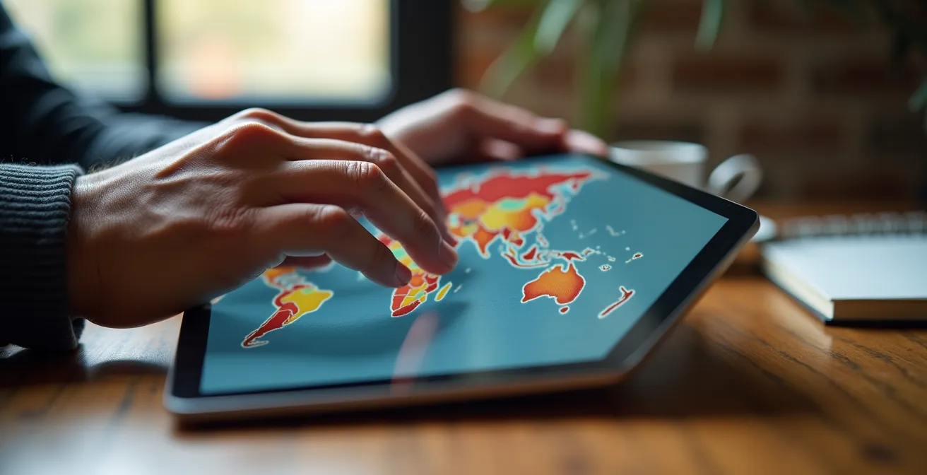 Detailaufnahme von Händen mit Tablet zeigt Kartenanalyse mit verschiedenen Ebenen