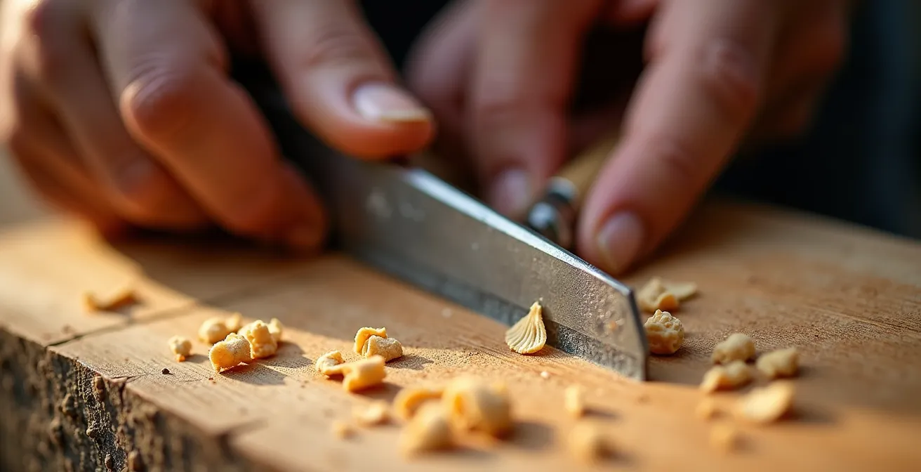 Makroaufnahme von Händen, die präzise ein Stück Holz schnitzen, mit sichtbaren, sich kräuselnden Holzspänen