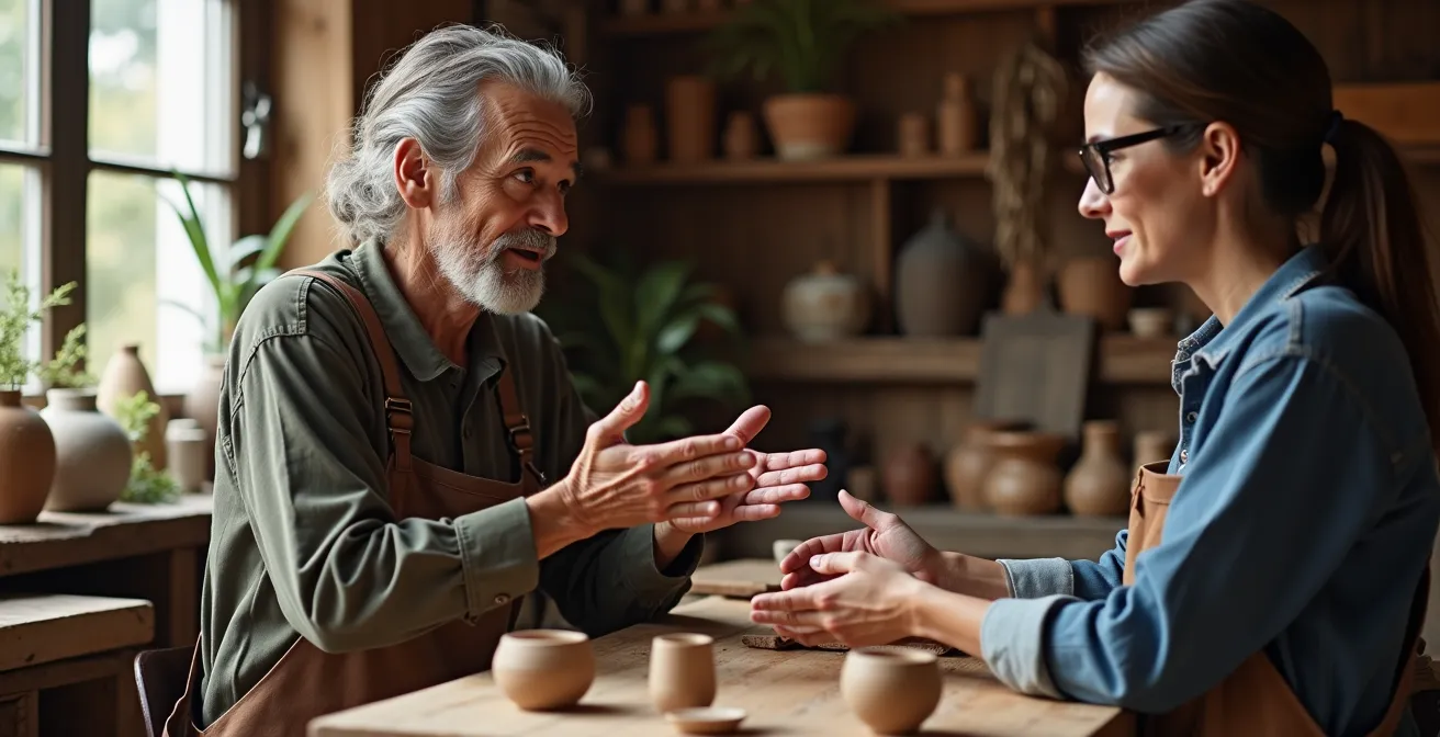 Ein Handwerker zeigt einem Kunden an seinem Marktstand seine Werkzeuge und unfertigen Stücke, um den Herstellungsprozess zu erklären.