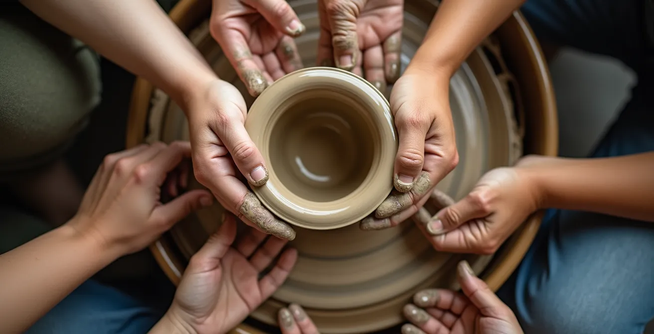 Hände verschiedener Menschen formen gemeinsam Ton auf einer Töpferscheibe