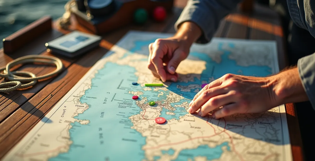 Kapitän plant Route auf nautischer Karte mit markierten Komfort-, Lern- und Pufferzonen