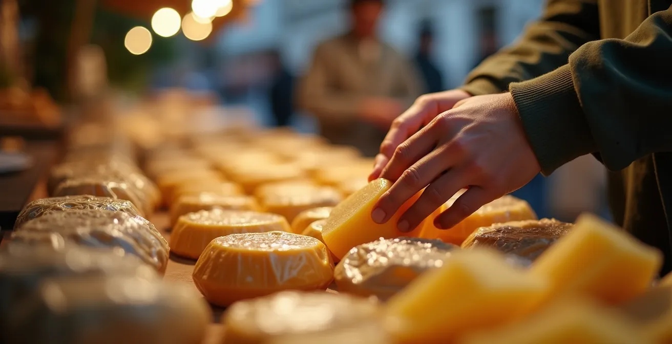 Hände wählen sorgfältig verpackten Käse an einem traditionellen Marktstand aus, was die Planungsphase des Einkaufs symbolisiert.