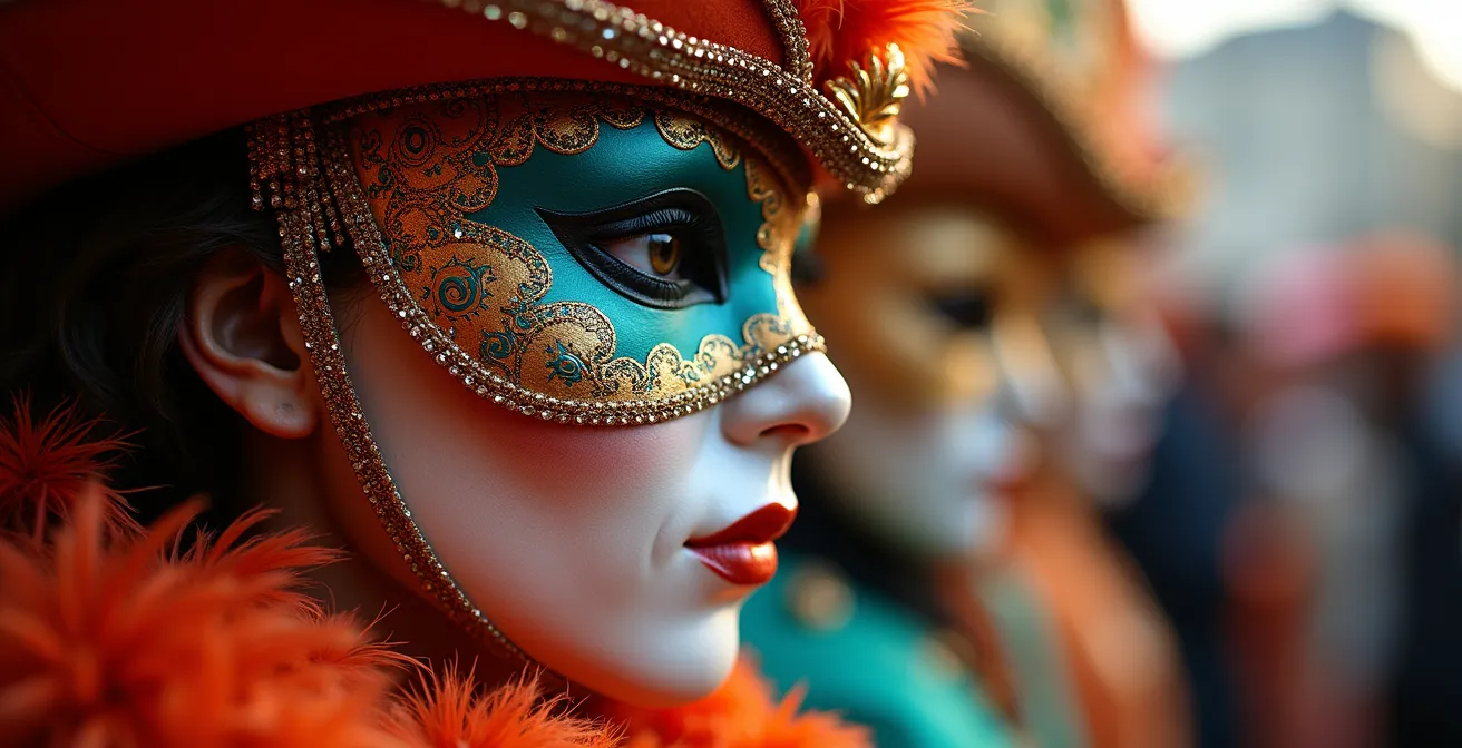 Menschen in verschiedenen Karnevalskostümen tanzen frei und ungezwungen mit Masken