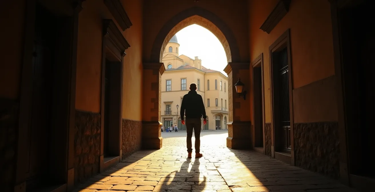 Übergang von einer engen Gasse zu einem weiten Stadtplatz, der das Kompressions- und Expansions-Prinzip städtebaulicher Gestaltung zeigt