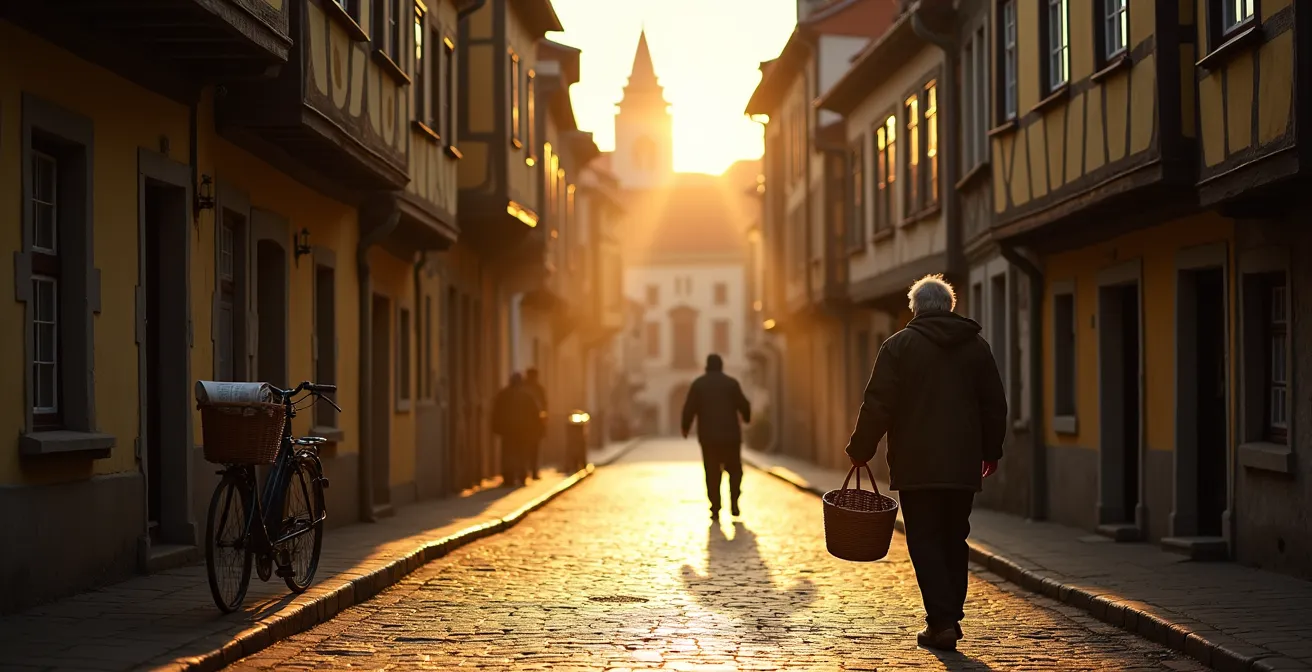 Menschenleere historische Gasse im frühen Morgenlicht mit langen Schatten