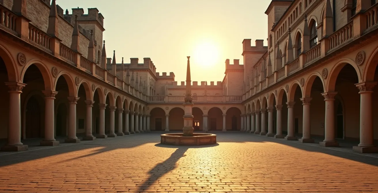 Menschenleerer Schlosshof in der goldenen Abendstunde mit dramatischen Schatten