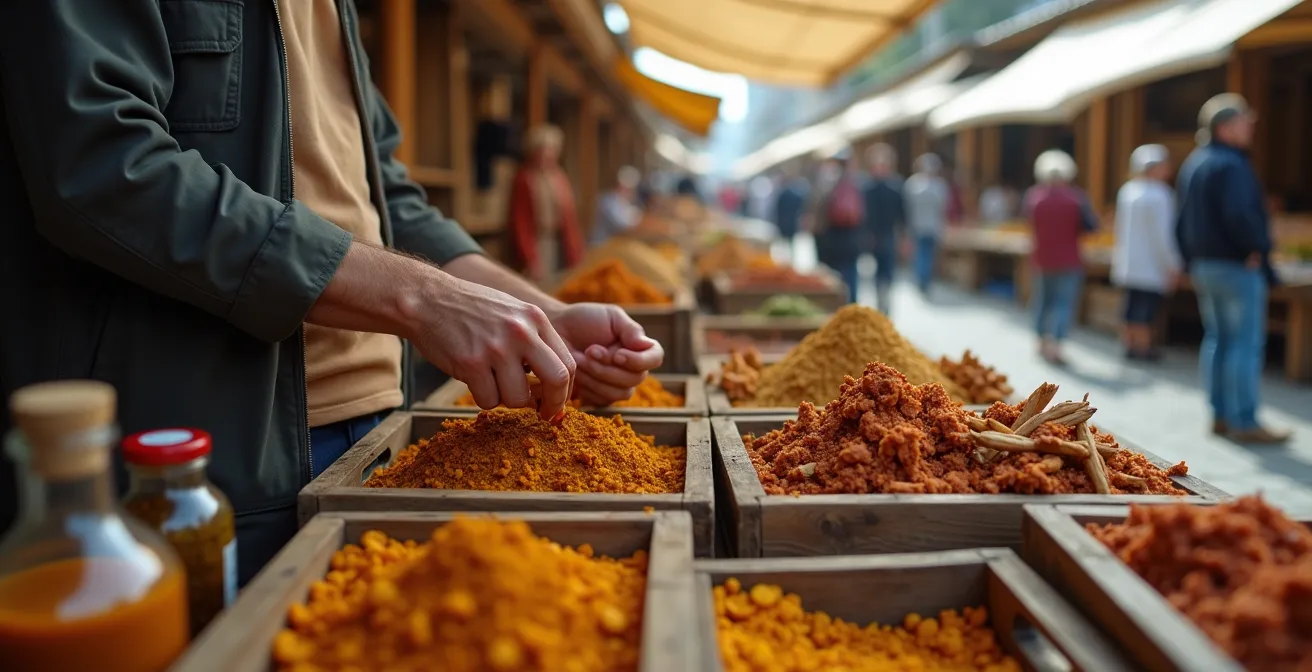 Reisender wählt transportfähige regionale Gewürze und Spezialitäten auf einem lokalen Markt