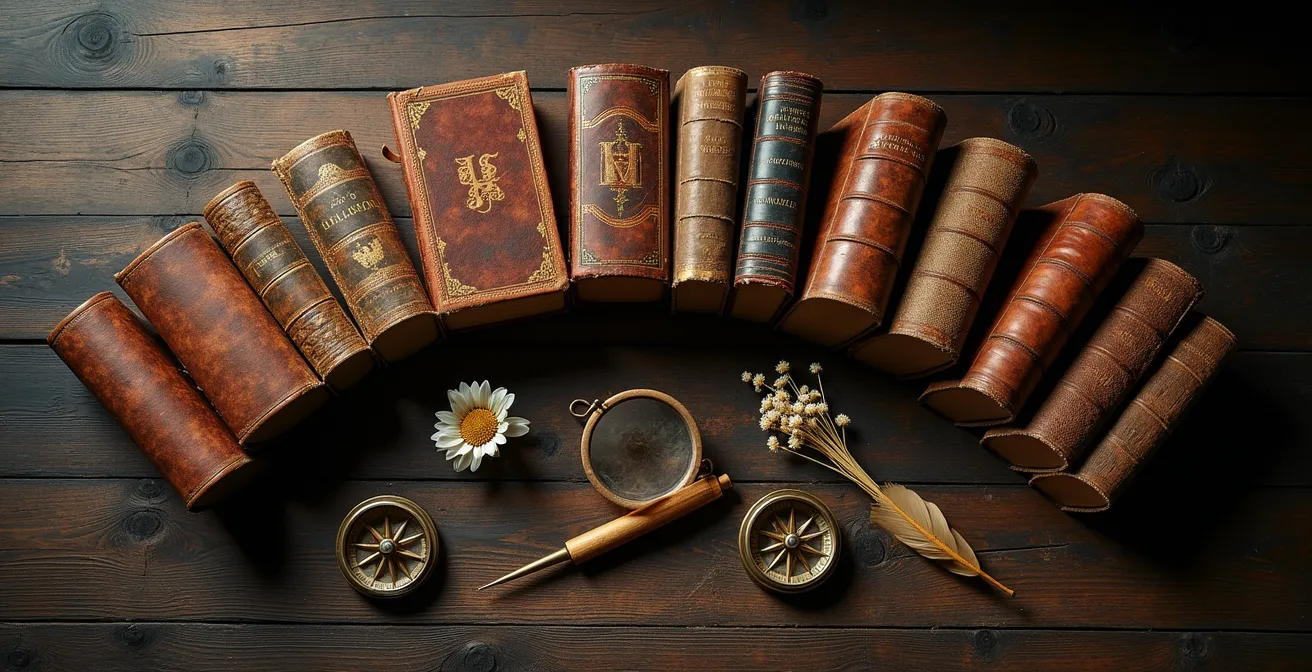 Visualisierung der Story-Bogen-Methode für Märchenstraßen-Routen, dargestellt durch in einem Bogen angeordnete antike Bücher und Reise-Accessoires.