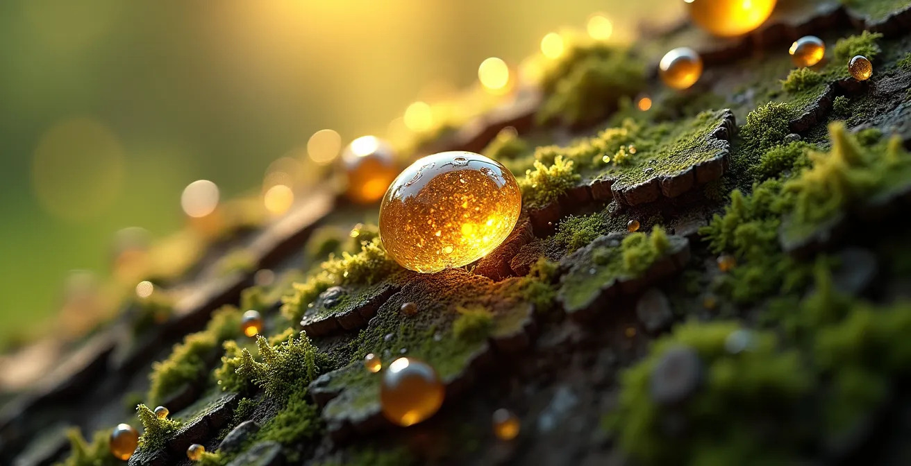 Extreme Nahaufnahme von Baumrinde mit Harz und Moos im Streiflicht