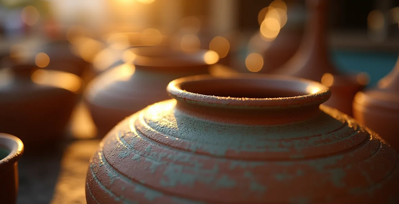 Goldene Morgenlichtstrahlen fallen auf handgefertigte Keramik auf einem ruhigen Handwerkermarkt.