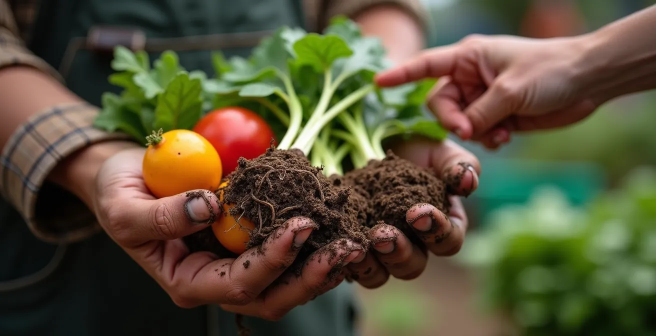 Verkäufergespräch auf dem Wochenmarkt zwischen Kunde und Produzent zur Prüfung der Authentizität
