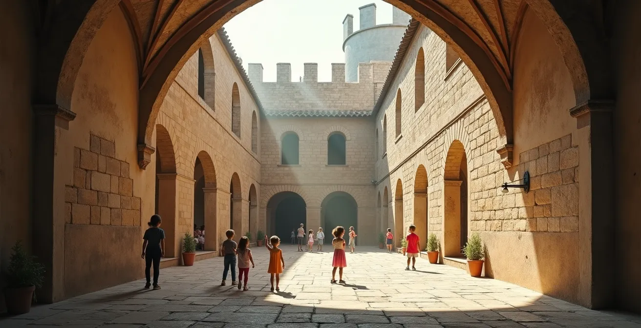 Eine Gruppe von Kindern erkundet neugierig eine mittelalterliche Burgmauer und lässt die Geschichte durch Berührung lebendig werden.