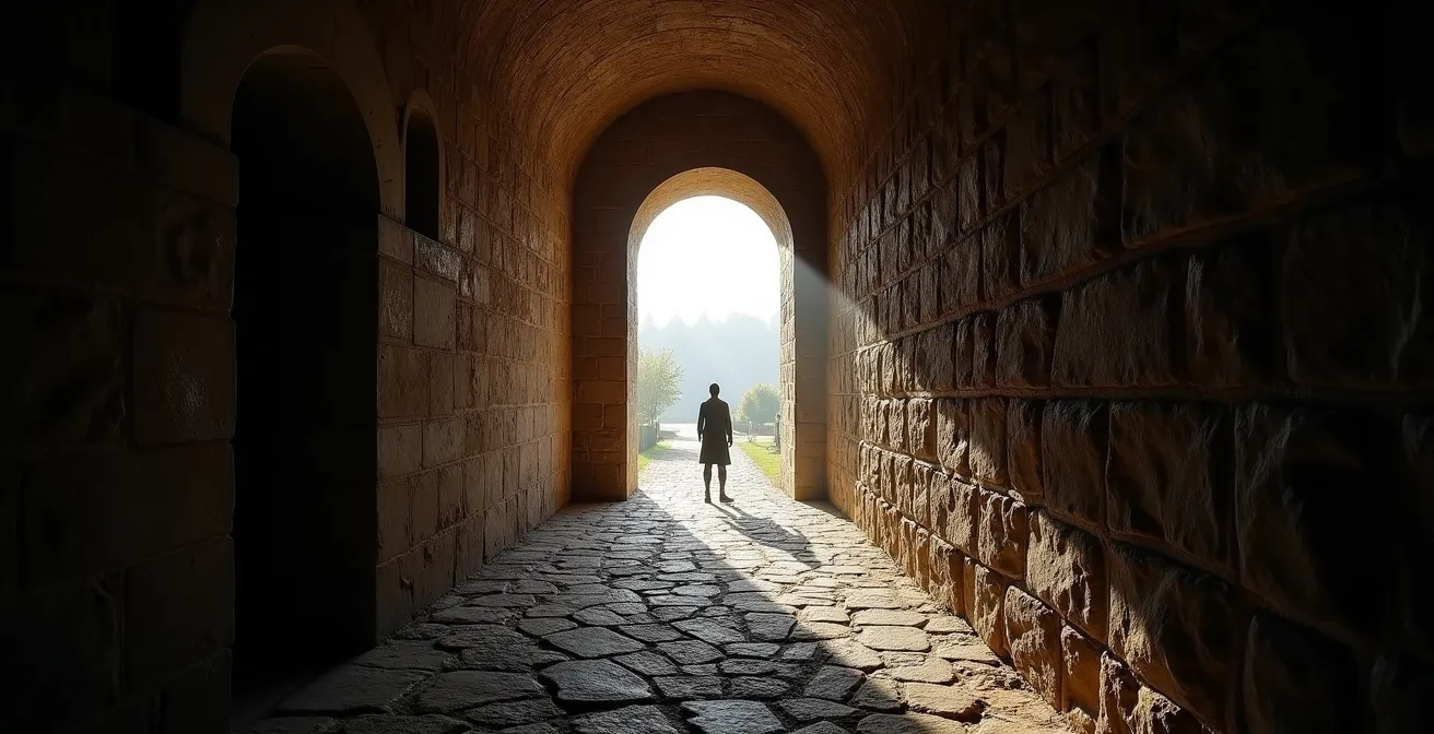 Blick durch einen mittelalterlichen Zwinger mit Wehrmauern und Schießscharten