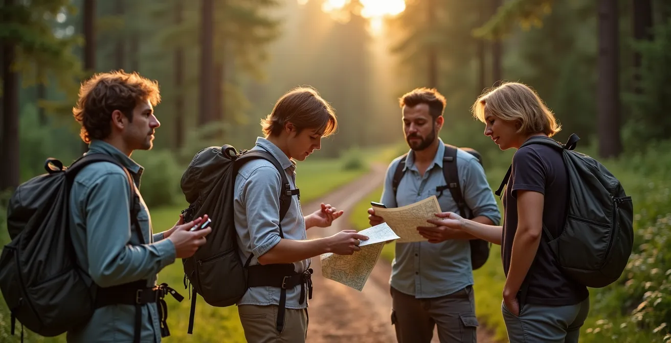 Erschöpfte Wandergruppe diskutiert an einer Wegkreuzung über die richtige Richtung