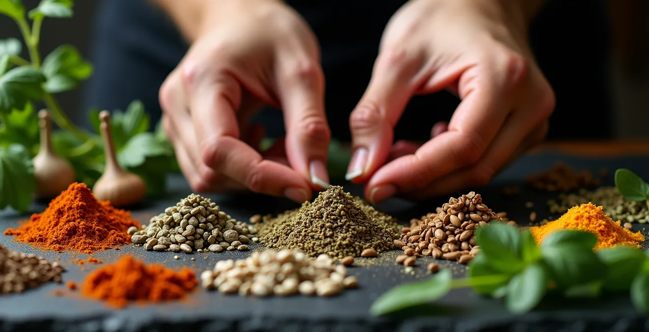 Nahaufnahme von Händen, die regionale Gewürze und Zutaten erkunden