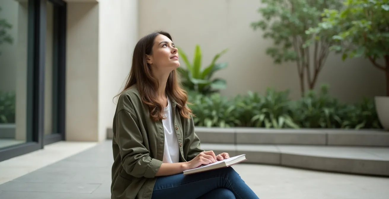 Museumsbesucher entspannt in ruhigem Museumshof während strategischer Pause