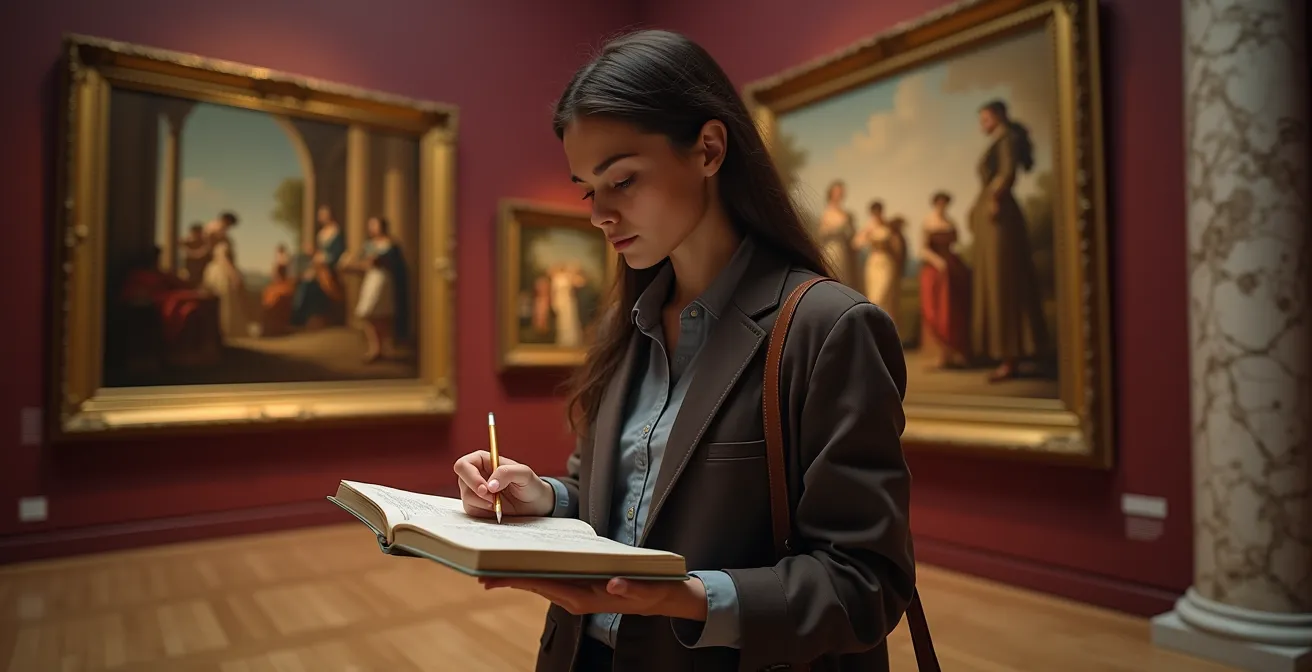 Person skizziert in einem Notizbuch, während sie in einem Museum vor klassischen Gemälden steht.