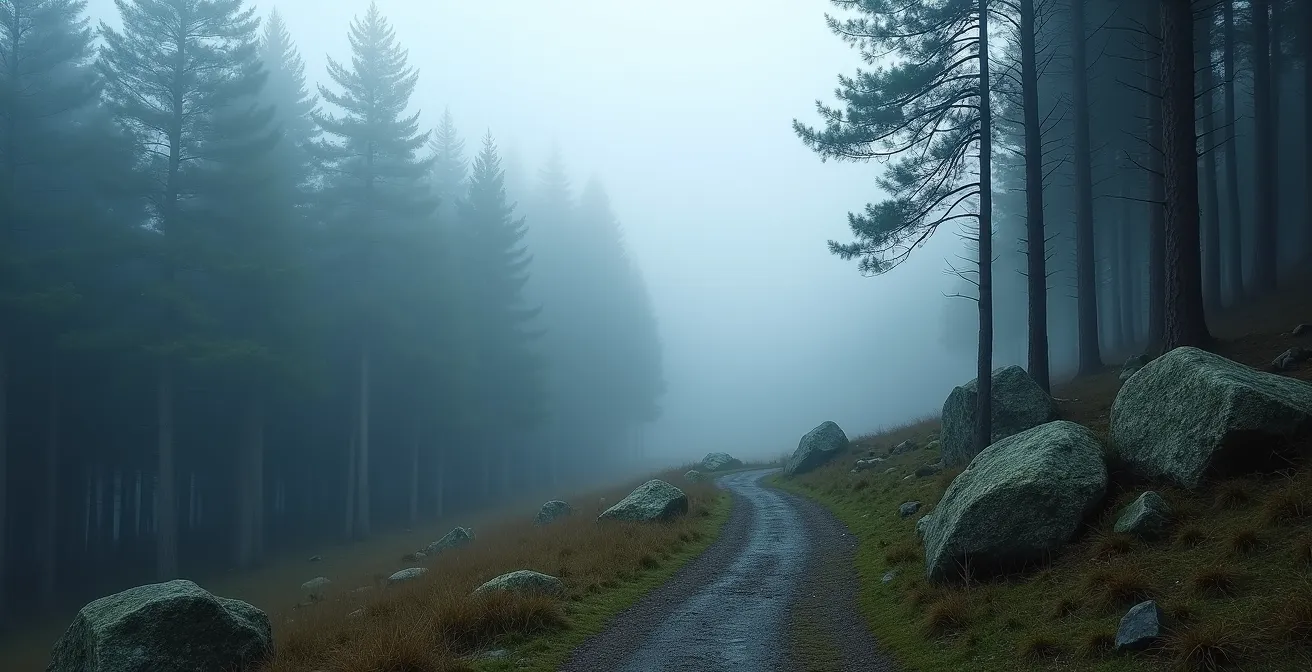 Nebelverhangene Berglandschaft mit altem Waldpfad im Morgengrauen