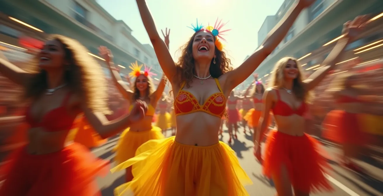 Gruppe tanzender Menschen in bunten Kostümen, verschwommene Bewegung zeigt ekstatischen Tanz