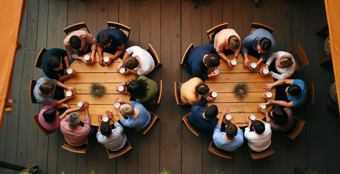 Vogelperspektive auf zwei Biertische, die den Unterschied zwischen offener und geschlossener Körpersprache der Gruppen auf einem Volksfest zeigen