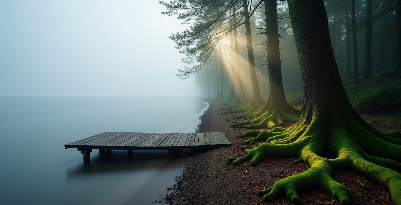 Geteilte Komposition zeigt minimalistische Ostseeküste links und dramatischen Bayerischen Wald rechts