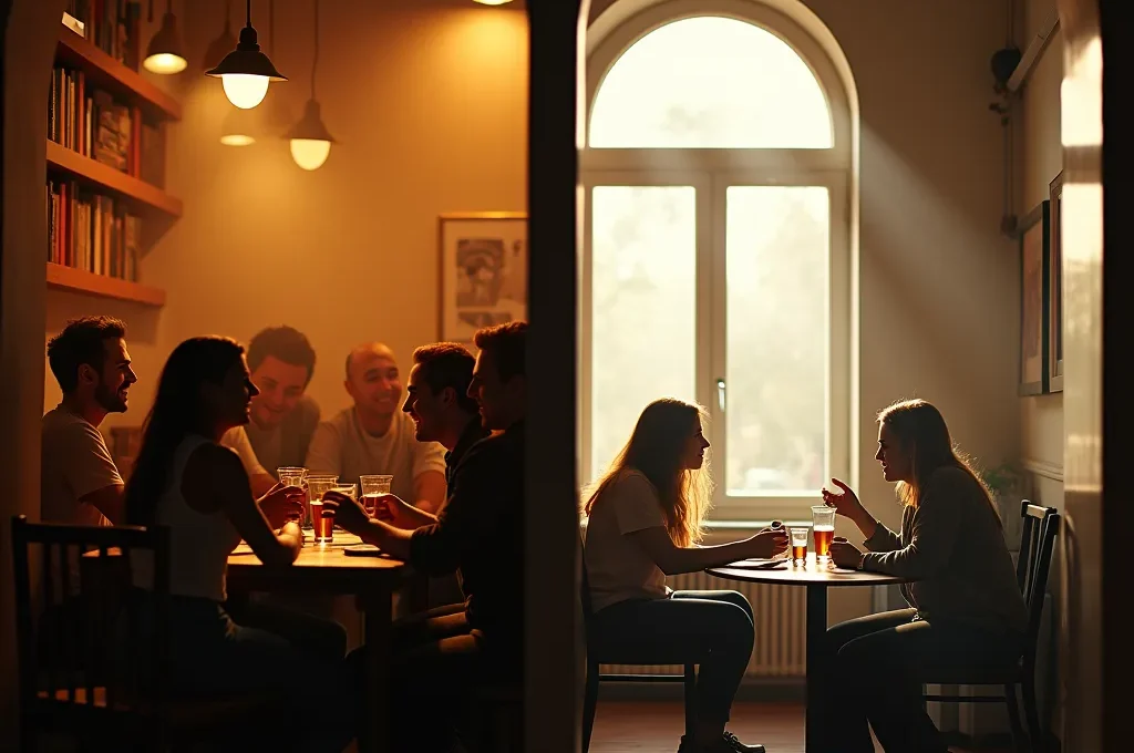 Geteilter Bildvergleich zwischen lebhafter Hostel-Bar und ruhigem Gemeinschaftsraum mit Reisenden