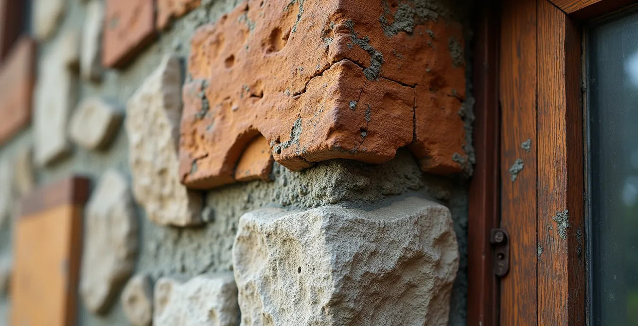 Makroaufnahme historischer Fassadendetails, die echte Patina und gewachsene Spuren der Zeit zeigen