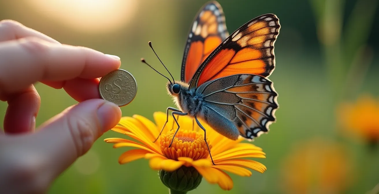 Makroaufnahme eines Smartphones beim Fotografieren der Flügelunterseite eines Schmetterlings mit Größenreferenz