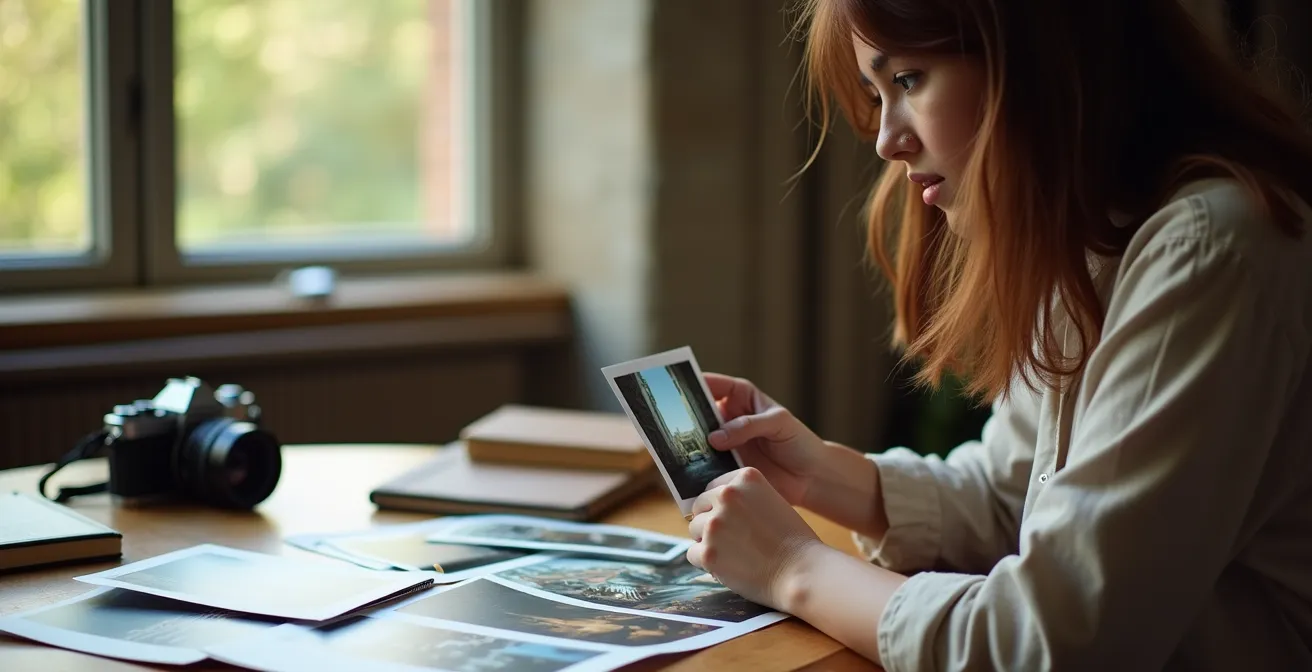 Eine Person betrachtet nachdenklich Fotografien und Notizen einer Deutschlandreise am Fenster sitzend.
