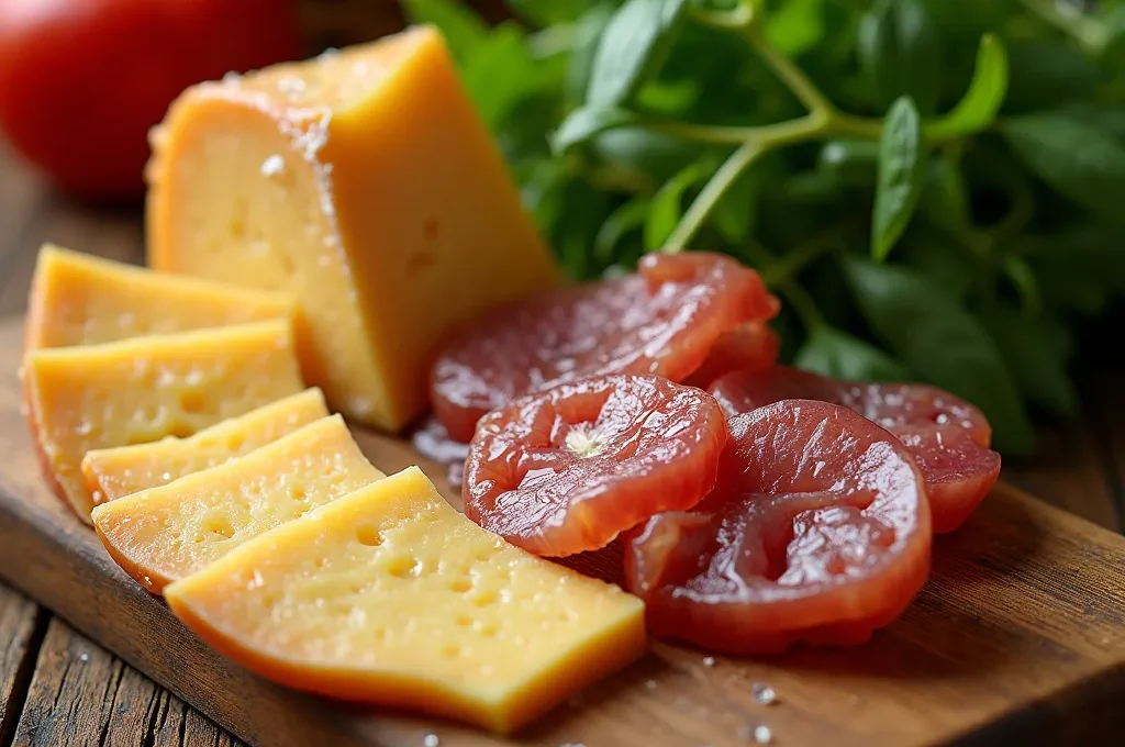 Makroaufnahme regionaler Produkte mit Texturen und natürlichen Etiketten