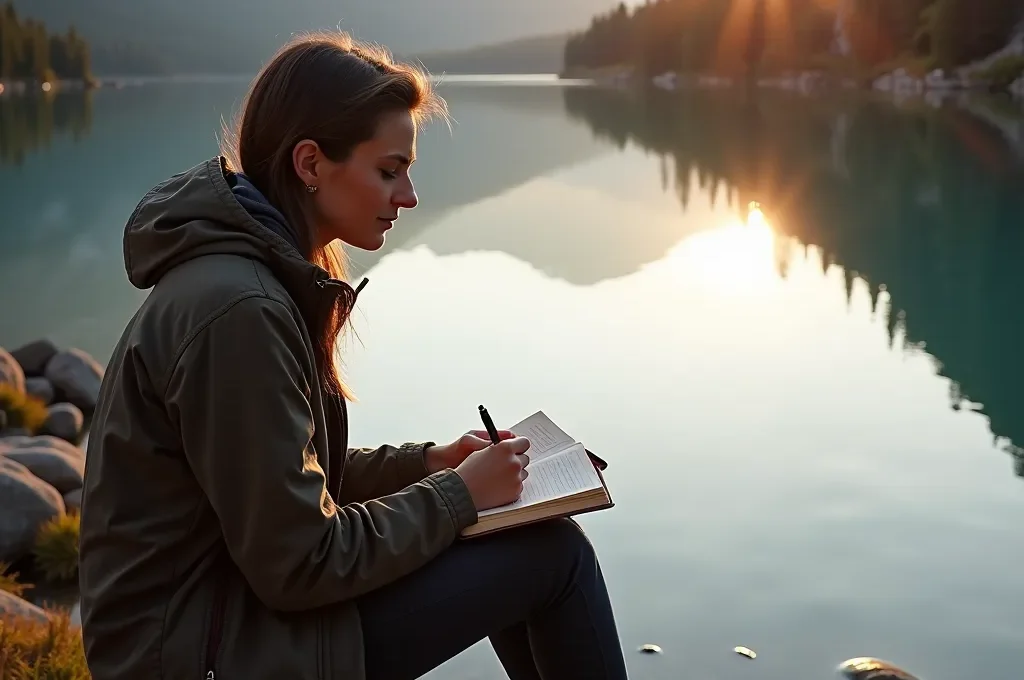 Person schreibt in Reisetagebuch am Seeufer bei Sonnenuntergang