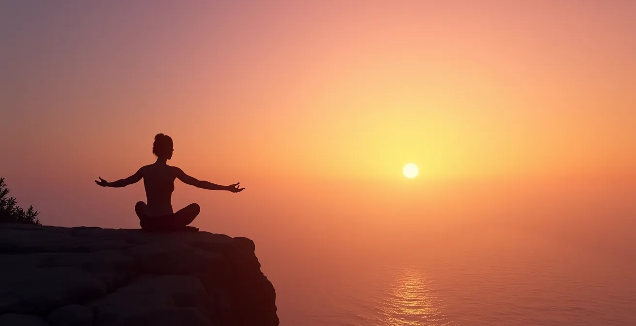 Weitwinkelaufnahme einer Person bei einem Sonnenaufgangsritual in minimalistischer Umgebung