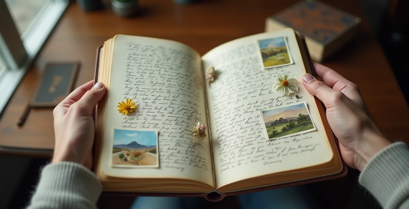 Person schreibt in Reisetagebuch mit visuellen Elementen und Skizzen