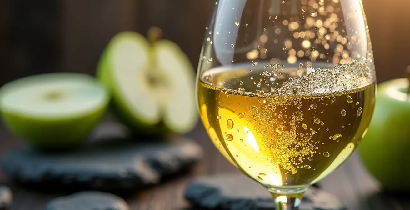 Makroaufnahme eines Riesling-Glases mit sichtbaren Aromen und Weintränen an der Glaswand