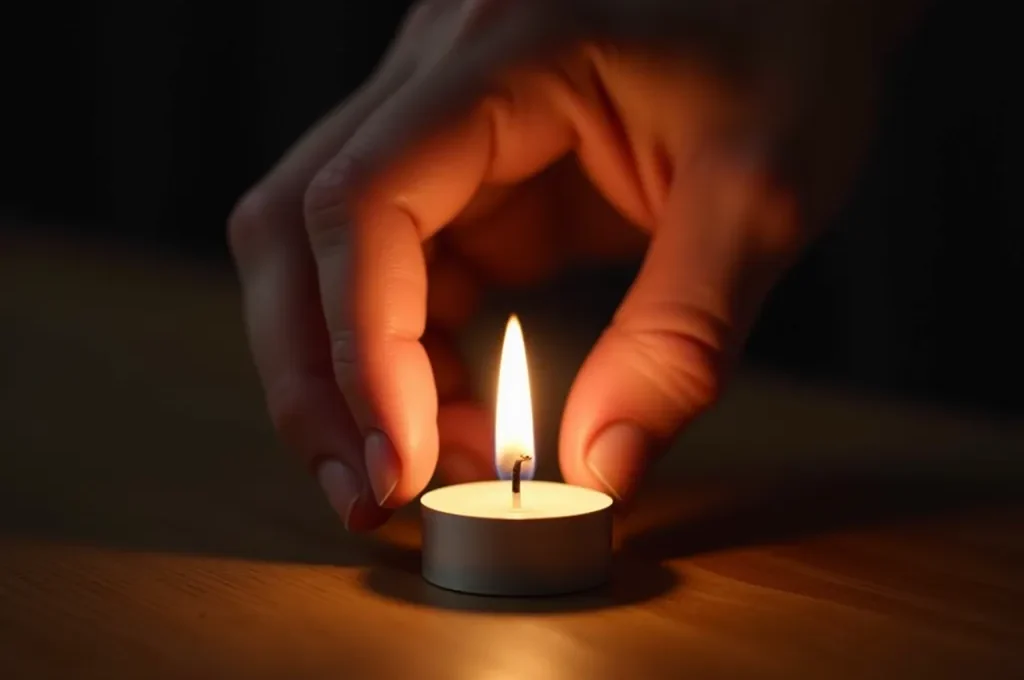 Hand zündet eine Kerze in einem ruhigen Hotelzimmer bei Abenddämmerung an