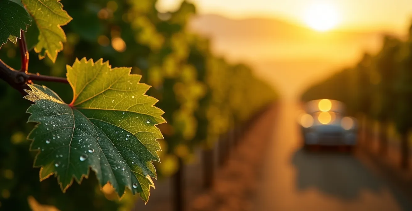 Frühmorgendliche Fahrt auf der Romantischen Straße mit Morgentau auf Weinblättern im Vordergrund und einer unscharfen Straße im Hintergrund.