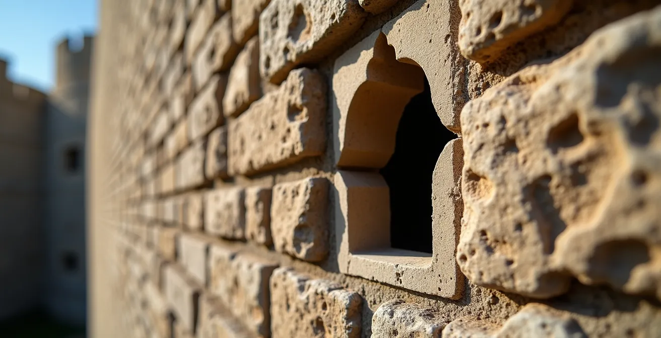 Makroaufnahme von mittelalterlichen Verteidigungselementen einer Burgmauer mit einer Schießscharte und Pechnasen