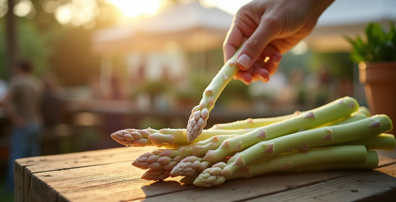 Detailaufnahme einer feuchten Spargelschnittstelle als Beweis für Frische und Regionalität